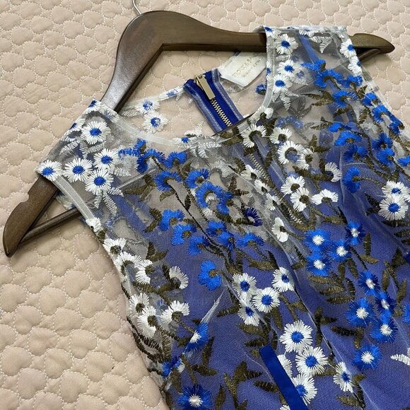 NWT $498 BRONX & BANCO Blue & White Floral Embroidered Mesh Cocktail Dress L 8 - Picture 7 of 12